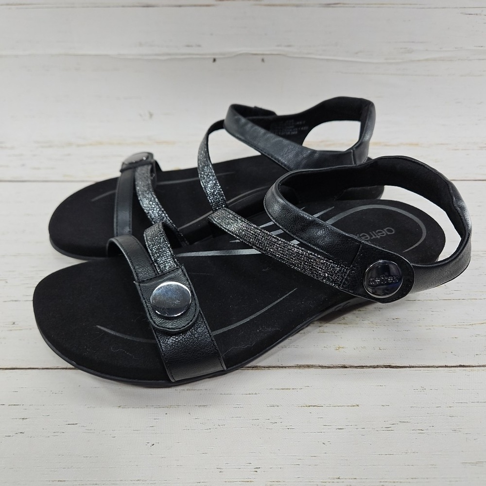 Aetrex Jess Orthopedic Sandals Arch Support Black Silver 10‎ Adjustable Strap